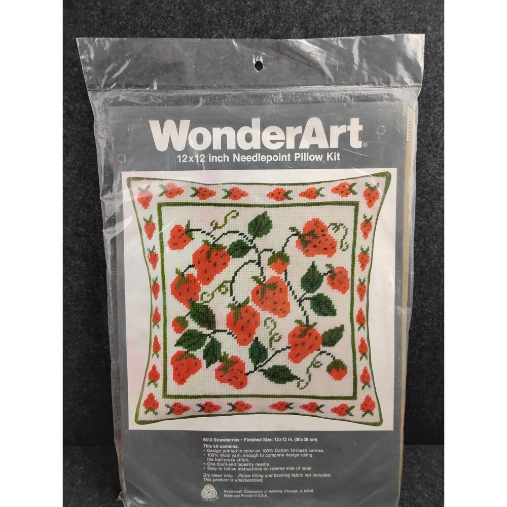 New Vintage Wonder Art Needlepoint Pillow Kit Strawberries 12" Square Strawberry